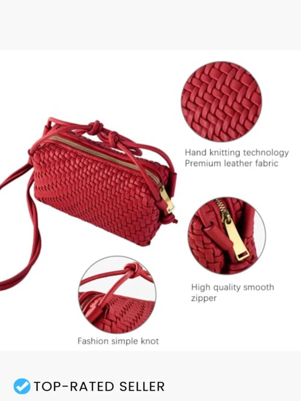 Vegan Leather Woven Crossbody Bag, Satchel Purse with Adjustable Strap,